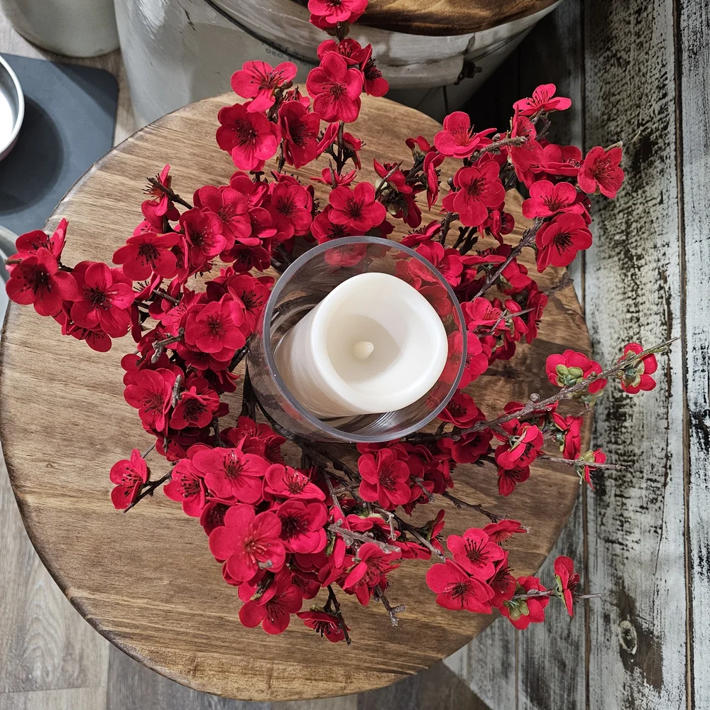 Red Cherry Blossom Floral Candle Ring Accent